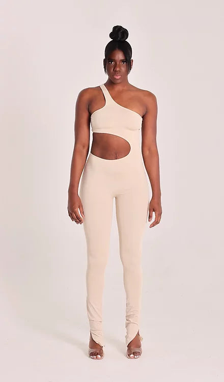 XENA - ASYMMETRIC CUTOUT JUMPSUIT - BEIGE
